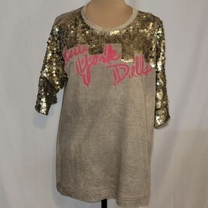 Versa t-shirt tan,gold sequins & pink 💗 lettering size L